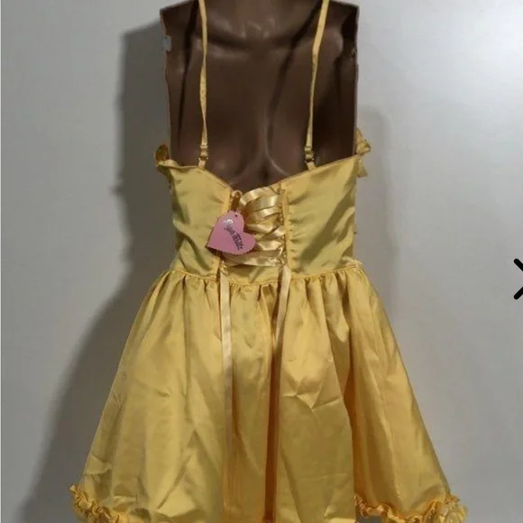 Sugar Thrillz Corset Cinched lace up Cottage Fairy Yellow Ruffle mini Dress - Picture 6 of 9